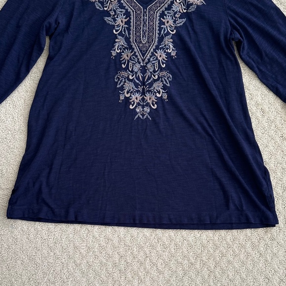 J. Jill Embroidered Knit Tunic Top Navy Blue 3/4 Sleeve MP NWT Boho Coastal Soft - Picture 4 of 12